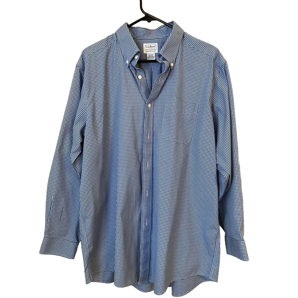 L.L. Bean men's shirt Size 16.5 Blue White Check Long Sleeve